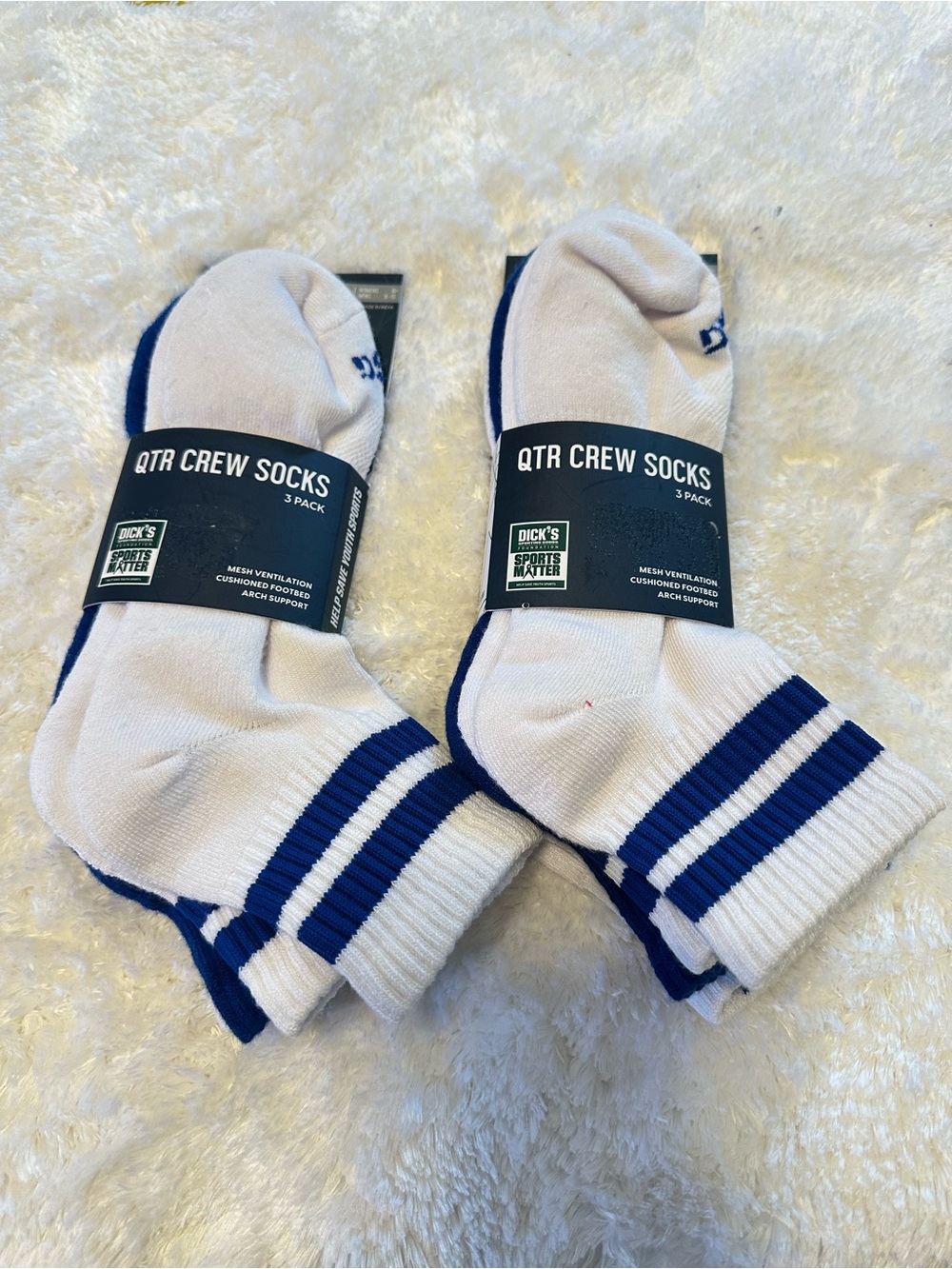 Dick's Qtr Crew Athletic Socks - White with Blue Stripes (3-Pack)